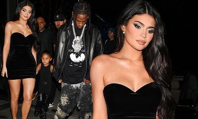 Kylie Jenner flaunts her enviable figure in a strapless black dress