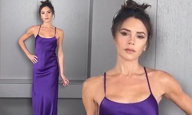Victoria Beckham looks chic in a satin purple slip dress