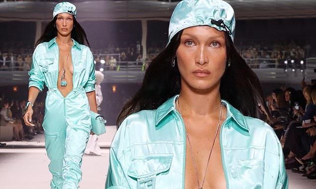 Bella Hadid flashes cleavage in Fendi jumpsuit on the runway for NYFW
