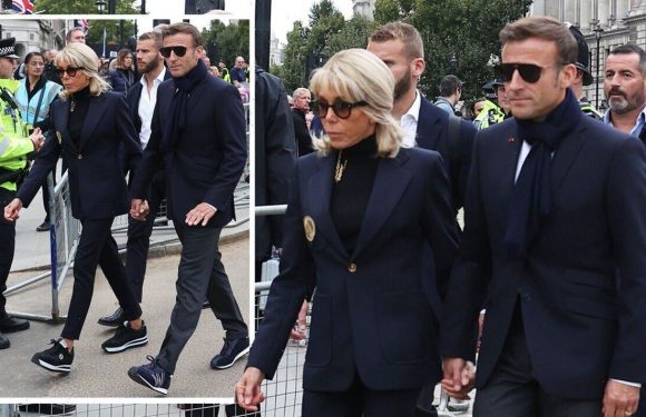 Brigitte Macron opts for trainers to pay respects to Queen – pictures