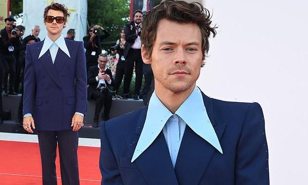 Harry Styles dons a navy Gucci suit for Don't Worry Darling's premiere