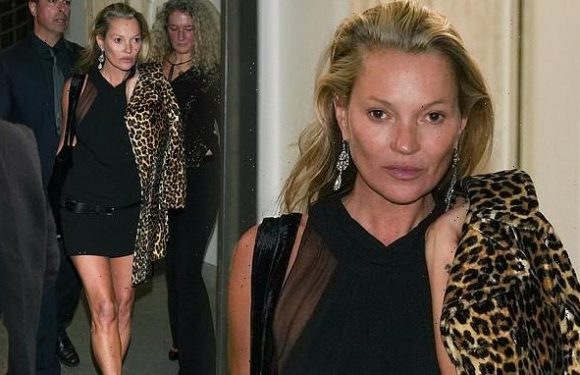 Kate Moss flaunts her toned legs at the Versace after party in Milan