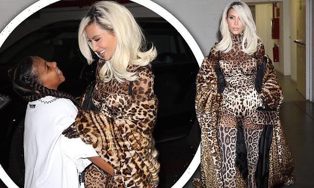 Kim Kardashian dons leopard print bodysuit and dramatic matching coat