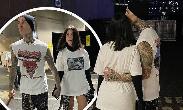 Travis Barker and Kourtney Kardashian attend Taylor Hawkins tribute