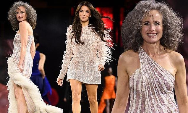 Andie MacDowell flaunts natural grey hair on L'Oreal catwalk at PFW
