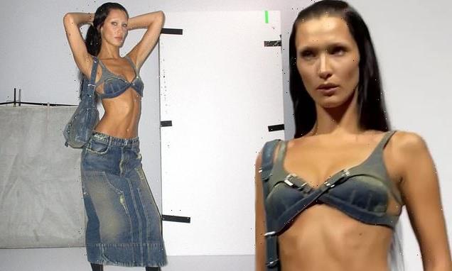 Bella Hadid shows off her incredibly toned figure in denim bralet