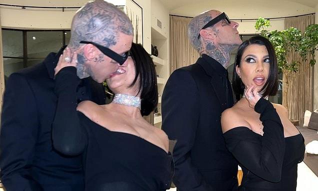 Kourtney Kardashian and Travis Barker match outfits at a party