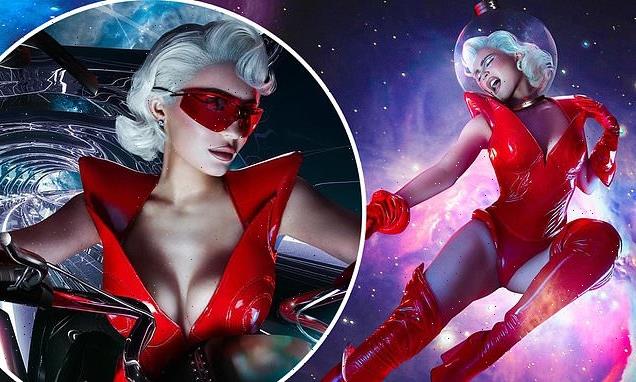 Kylie Jenner in red latex for sexy space girl Halloween costume
