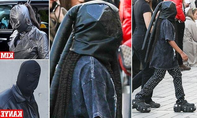 North West channels Kim Kardashian and Kanye West in leather face mask