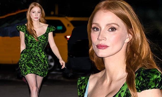 Jessica Chastain steps out in little green dress in New York City