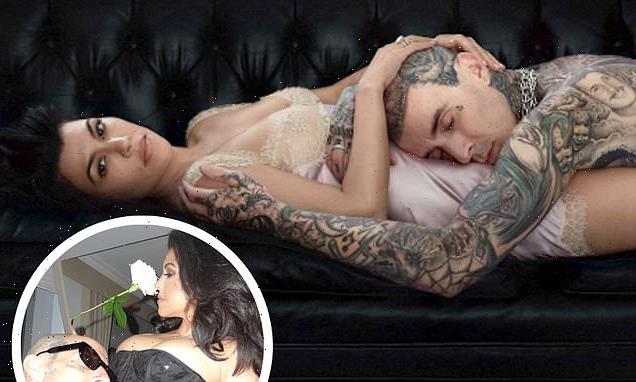 Kourtney Kardashian models slip as husband Travis Barker lays on her