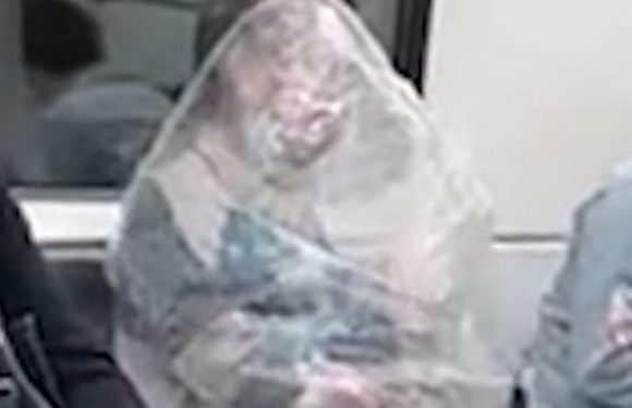 Starving woman consumes banana while wrapped in a massive plastic bag
