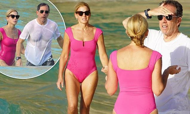 Jerry Seinfeld reveals torso in wet shirt with wife in swimsuit