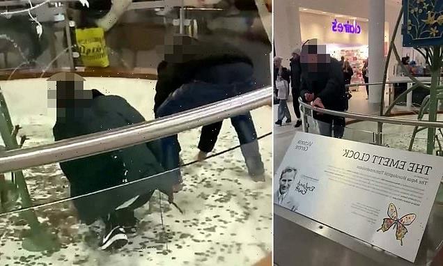 Moment two men wade into fountain to steal coins meant for charity