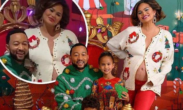 Pregnant Chrissy Teigen showcases baby bump for a holiday family photo