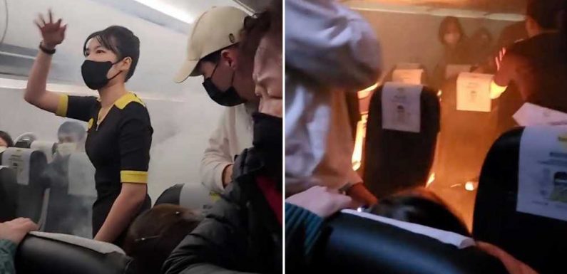 Horror moment fire erupts on packed plane as passengers scream in panic after power bank bursts into flames injuring two | The Sun