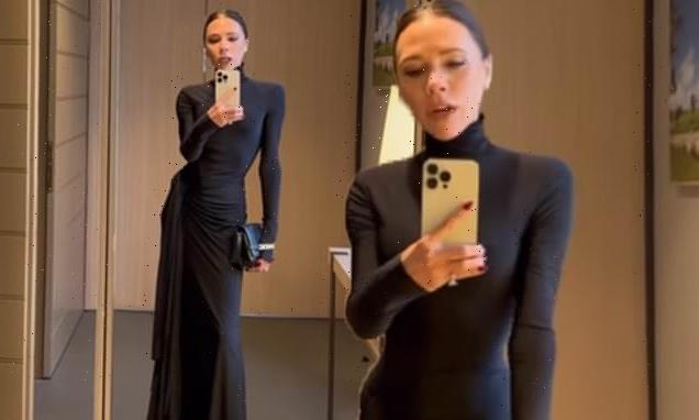 Victoria Beckham looks typically chic in a figure-hugging black gown