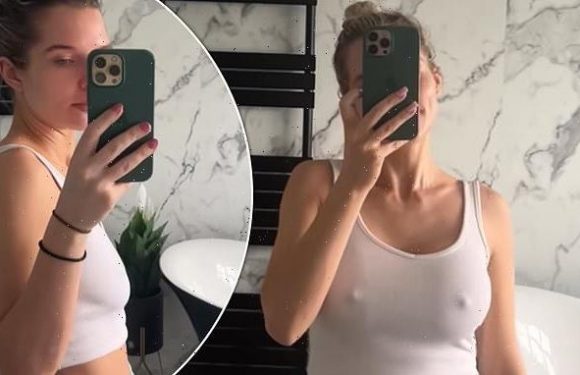 Braless Helen Flanagan shows off the results of her boob job