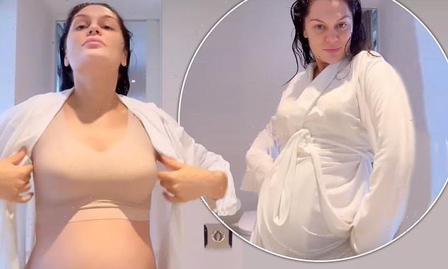 Jessie J shows off her growing baby bump while getting ready for BRITs