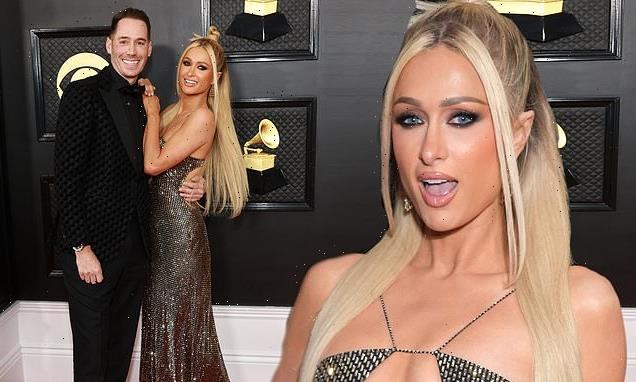 Paris Hilton dazzles in a rhinestone gown at the 2023 Grammy Awards
