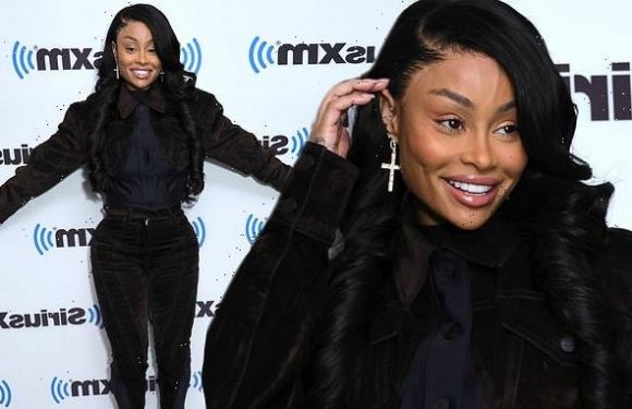 Blac Chyna flaunts her natural curves in a figure-hugging brown suit