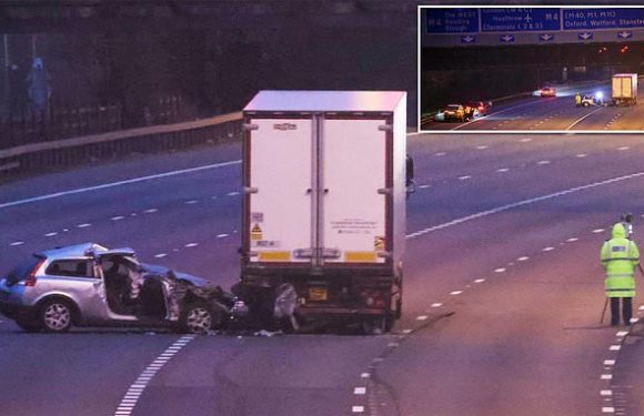 M25 is closed after car crashes into lorry near Heathrow airport