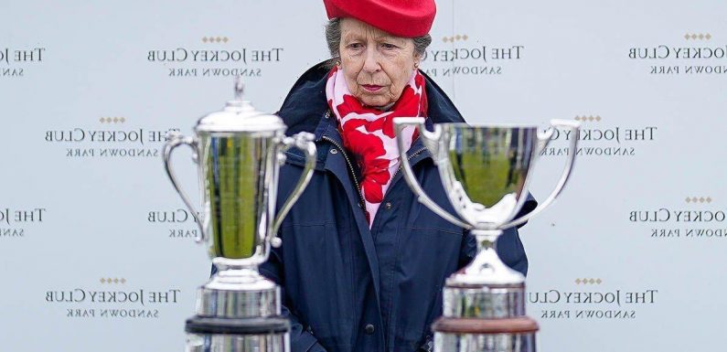Princess Anne braves the rain in chic navy raincoat and red beret