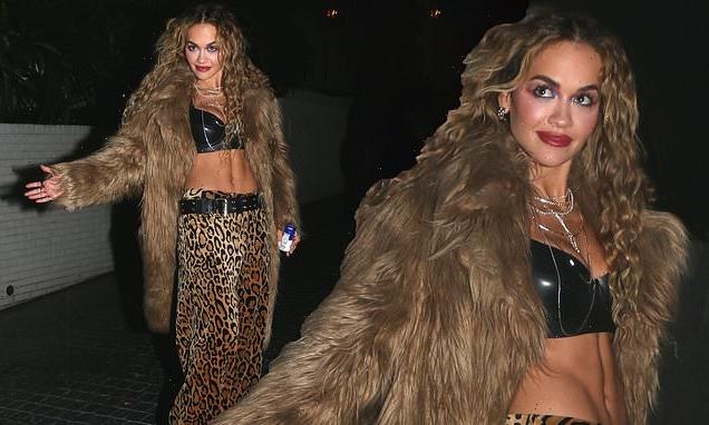 Rita Ora sets pulses racing in leopard print flares and leather bralet