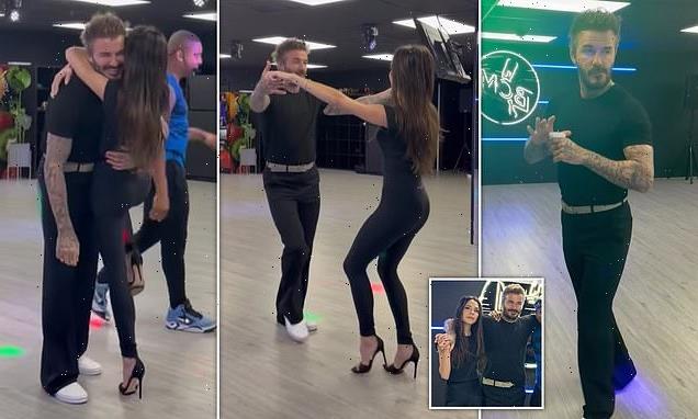 Victoria Beckham pokes fun at David as she takes him to a salsa lesson
