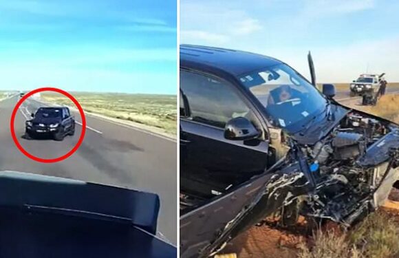 Shocking footage shows ute turning into the path of a road train