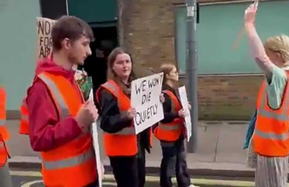 Moment raging bystander hurls milk over Just Stop Oil eco-idiots during ANOTHER nuisance stunt holding up traffic | The Sun