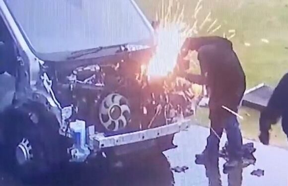 Shocking moment balaclava gang enter school grounds and strip minibus
