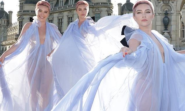 Florence Pugh dares to bare in a VERY sheer lilac gown in Paris