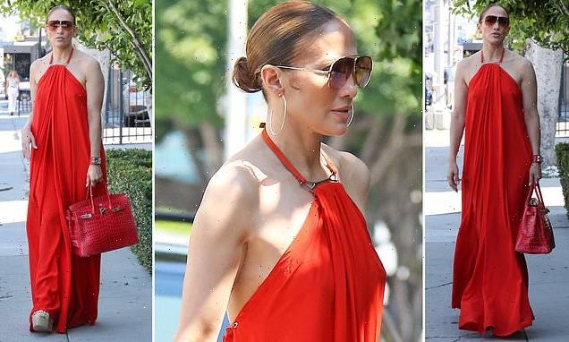Jennifer Lopez dazzles in bold red halter maxi dress in Beverly Hills