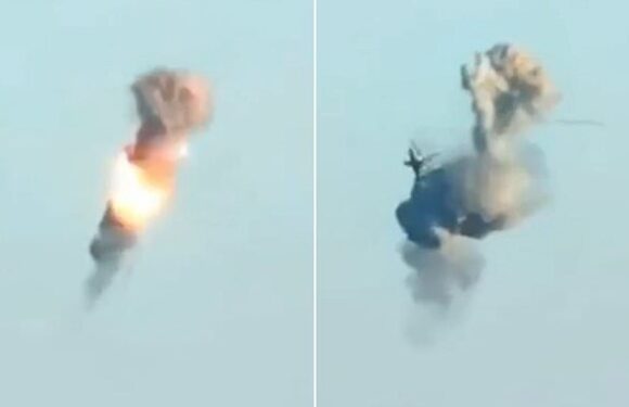 Russian helicopter explodes and crashes after being struck by missile