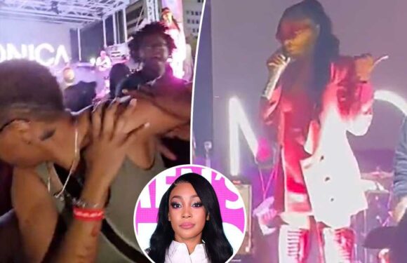‘Triggered’ Monica jumps off stage to confront male concertgoer who punched woman in face