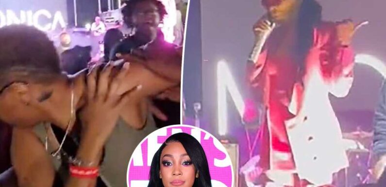 ‘Triggered’ Monica jumps off stage to confront male concertgoer who punched woman in face