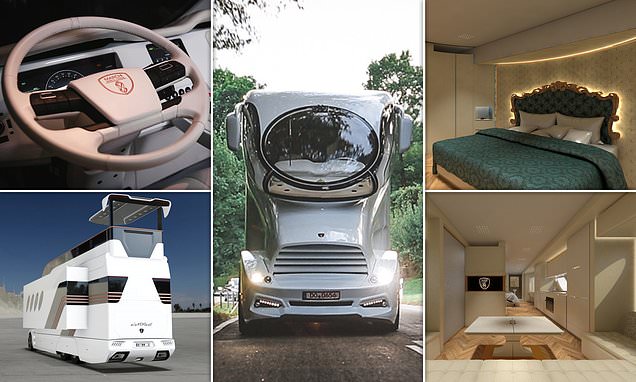 Double-decker RV features a huge fisheye windshield, spa and 13ft sofa