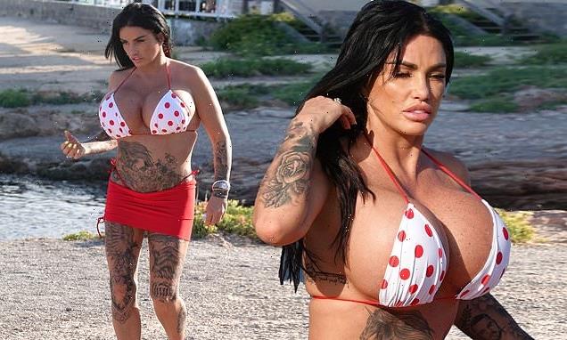 Katie Price shows off 'biggest ever' boobs in a polka dot bikini