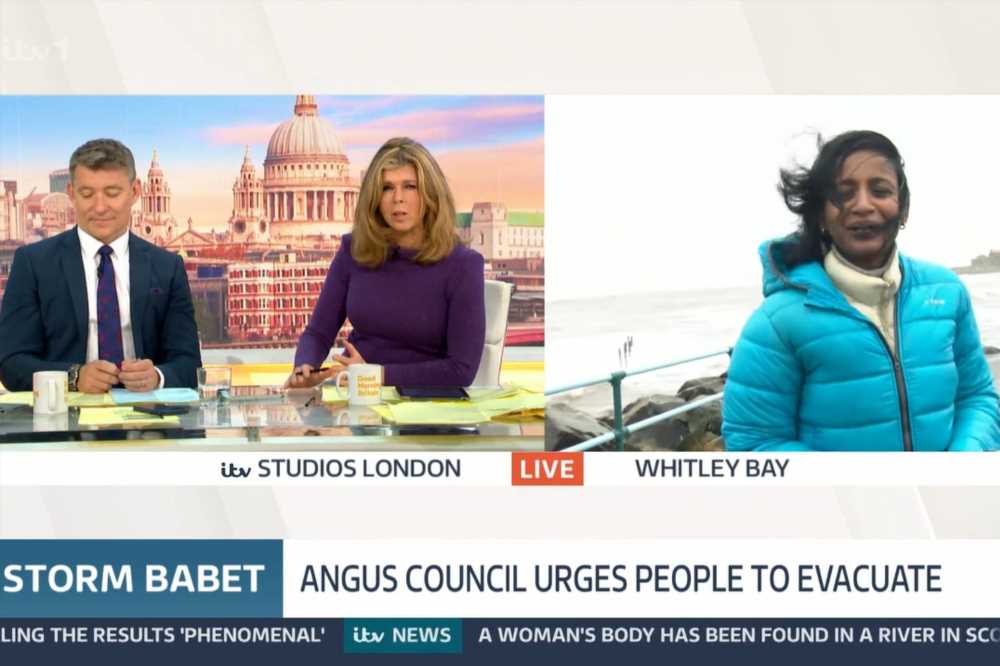 GMB's Kate Garraway begs reporter 'get away from the edge!' as she battered by waves in 'concerning' storm report | The Sun