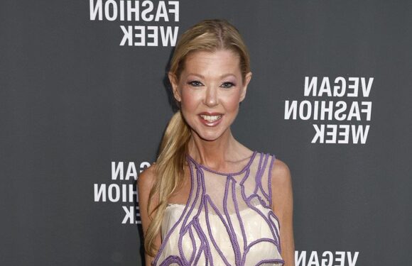 Tara Reid rocks a crinkled purple maxi skirt at Vegan Fashion Week
