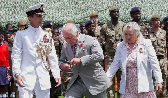 King Charles nearly takes a tumble as he trips on artificial grass