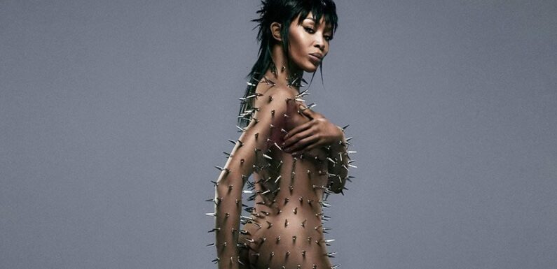 Naomi Campbell poses nude with her body covered in silver spikes